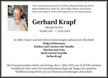 Traueranzeige von Gerhard Krapf 