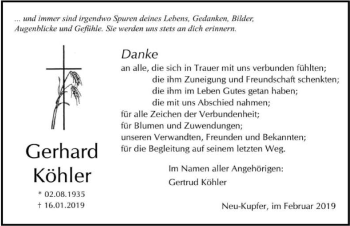 Traueranzeige von Gerhard Köhler 