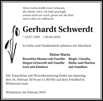 Traueranzeige von Gerhardt Schwerdt 