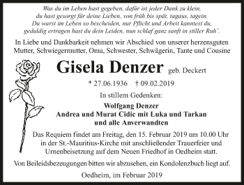 Traueranzeige von Gisela Denzer 