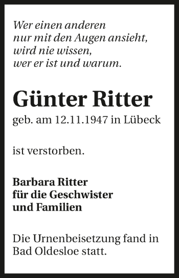 Traueranzeige von Günter Ritter 