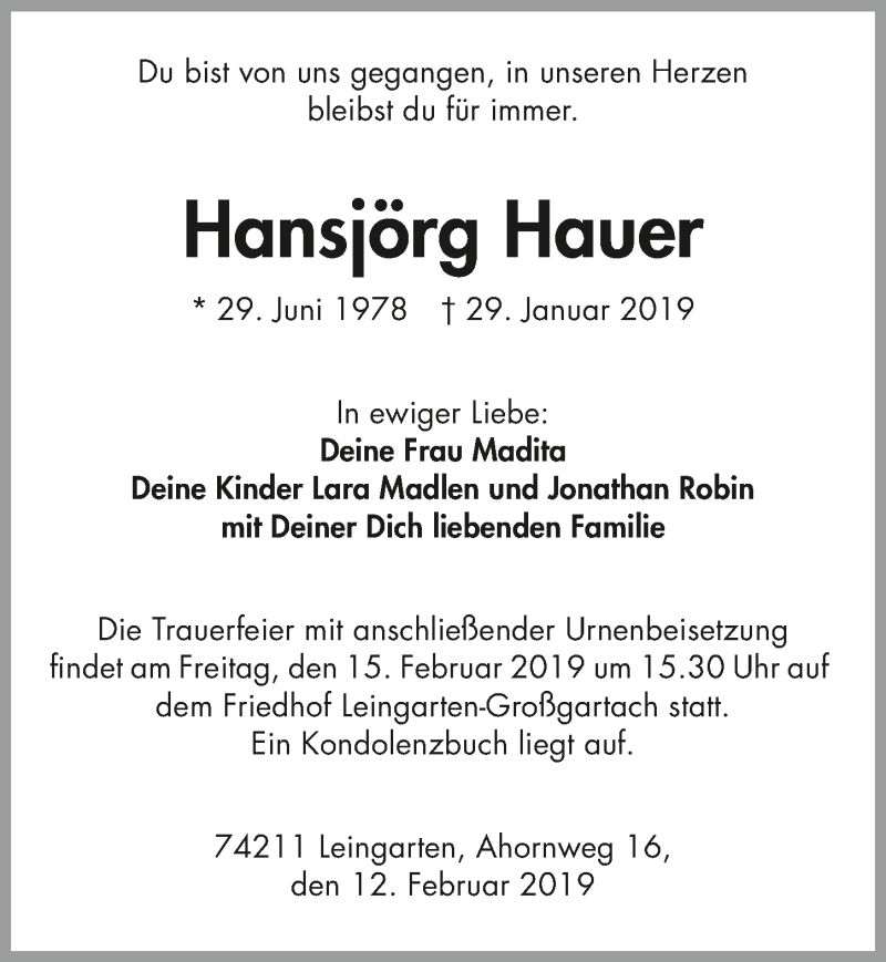  Traueranzeige für Hansjörg Hauer vom 12.02.2019 aus 