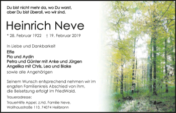 Traueranzeige von Heinrich Neve 