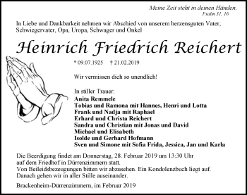 Traueranzeige von Heinrich Friedrich Reichert 