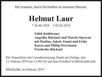 Traueranzeige von Helmut Laur 