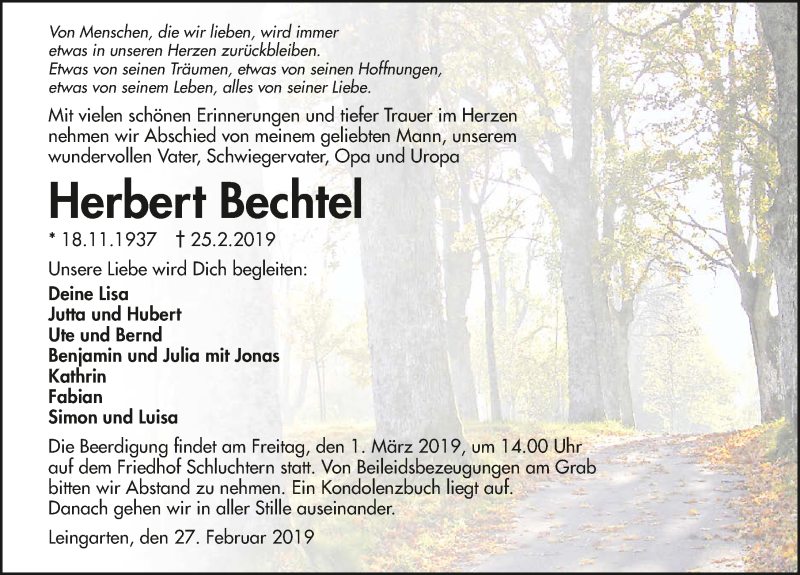  Traueranzeige für Herbert Bechtel vom 27.02.2019 aus 