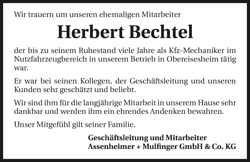  Traueranzeige für Herbert Bechtel vom 28.02.2019 aus 