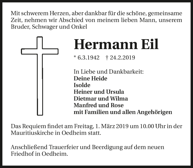 Traueranzeige für Hermann Eil vom 27.02.2019 aus 