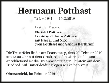 Traueranzeige von Hermann Potthast 