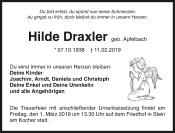 Traueranzeige von Hilde Draxler 