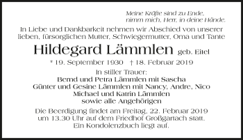 Traueranzeige von Hildegard Lämmlen 