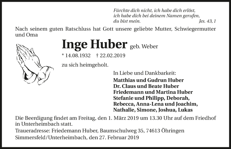  Traueranzeige für Inge Huber vom 27.02.2019 aus 