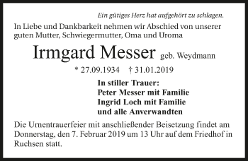 Traueranzeige von Irmgard Messer 
