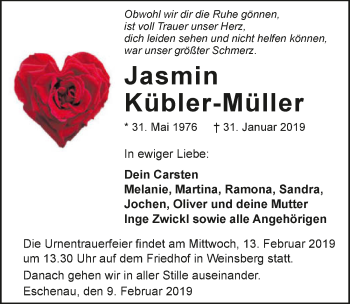 Traueranzeige von Jasmin Kübler-Müller