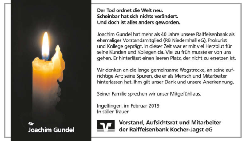  Traueranzeige für Joachim Gundel vom 07.02.2019 aus 