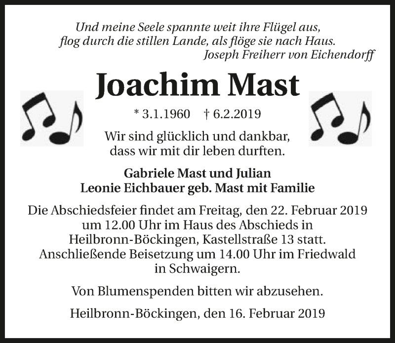  Traueranzeige für Joachim Mast vom 16.02.2019 aus 