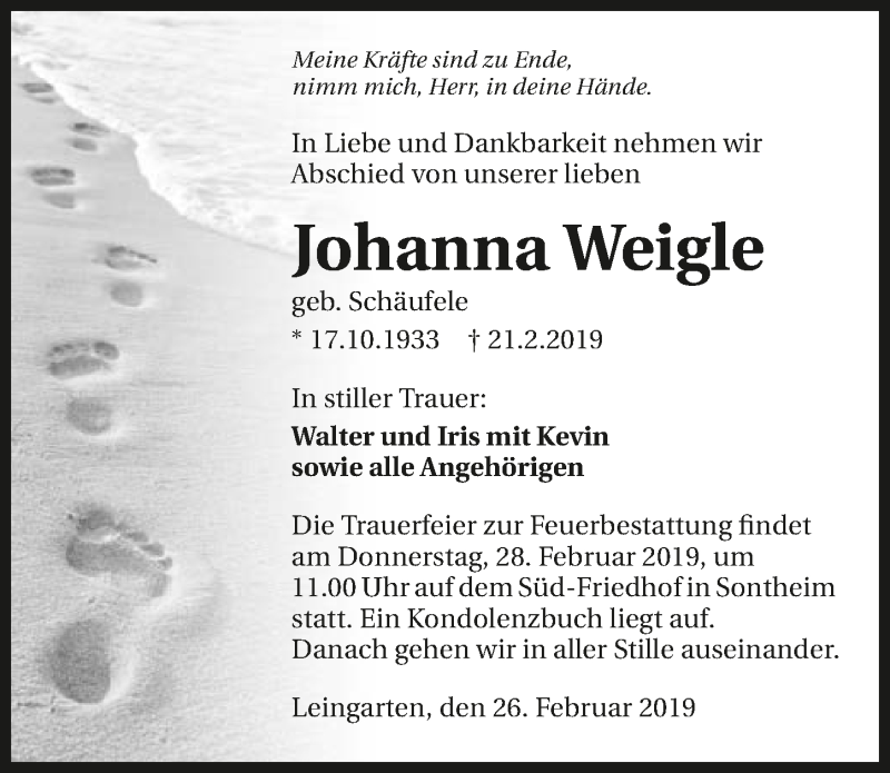  Traueranzeige für Johanna Weigle vom 26.02.2019 aus 