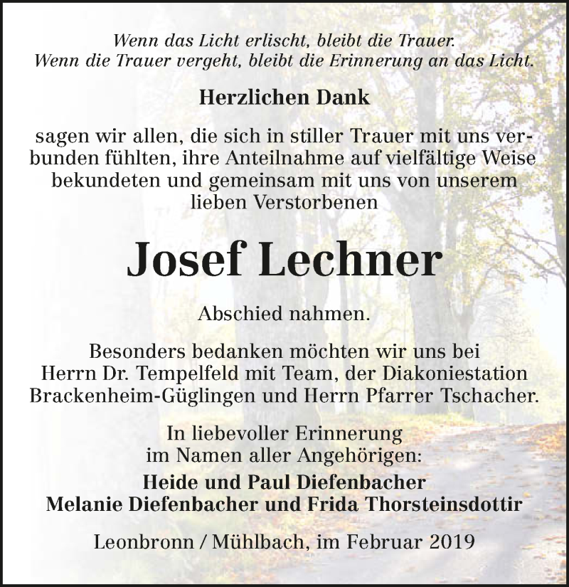 Traueranzeige für Josef Lechner vom 09.02.2019 aus 
