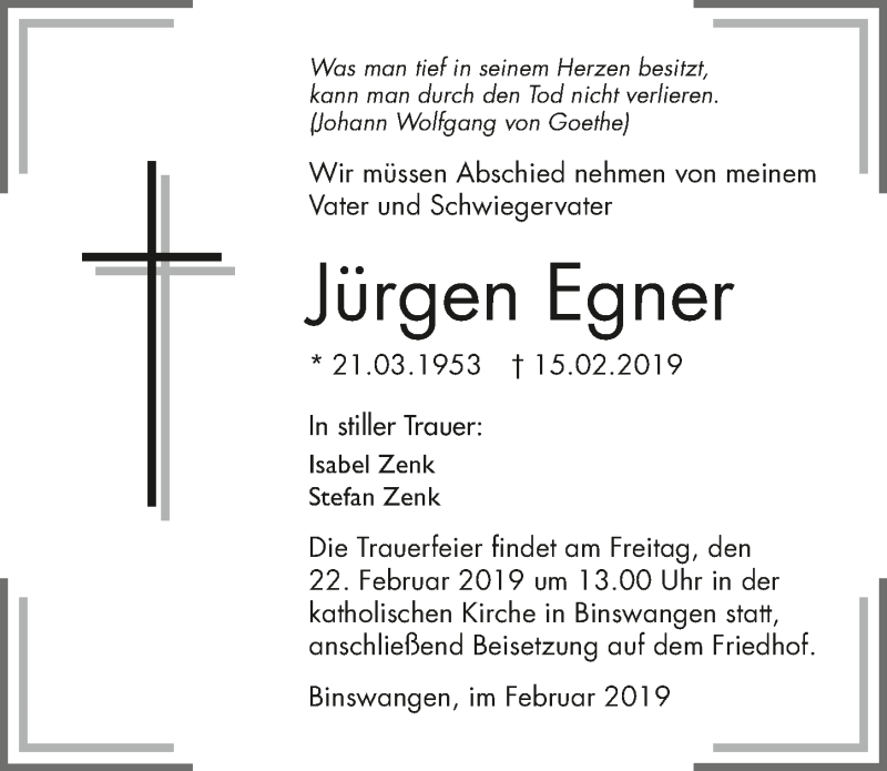 Traueranzeige für Jürgen Egner vom 20.02.2019 aus 