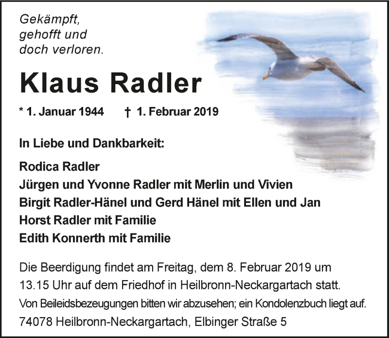 Traueranzeige für Klaus Radler vom 05.02.2019 aus 