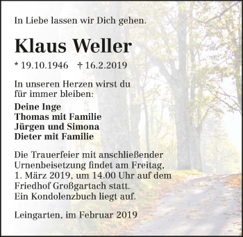 Traueranzeige von Klaus Weller 