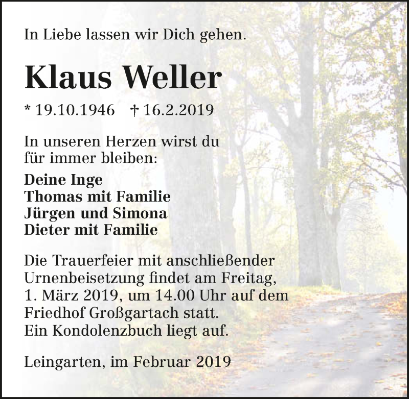  Traueranzeige für Klaus Weller vom 26.02.2019 aus 