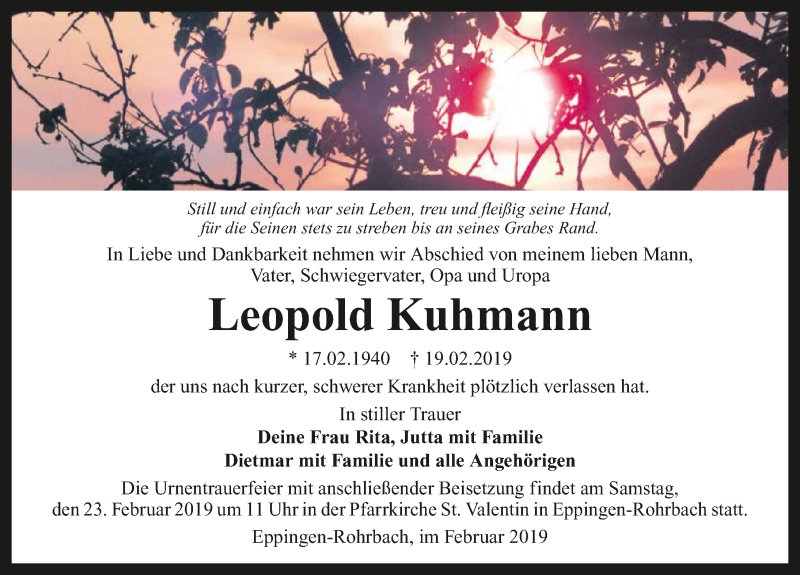  Traueranzeige für Leopold Kuhmann vom 21.02.2019 aus 