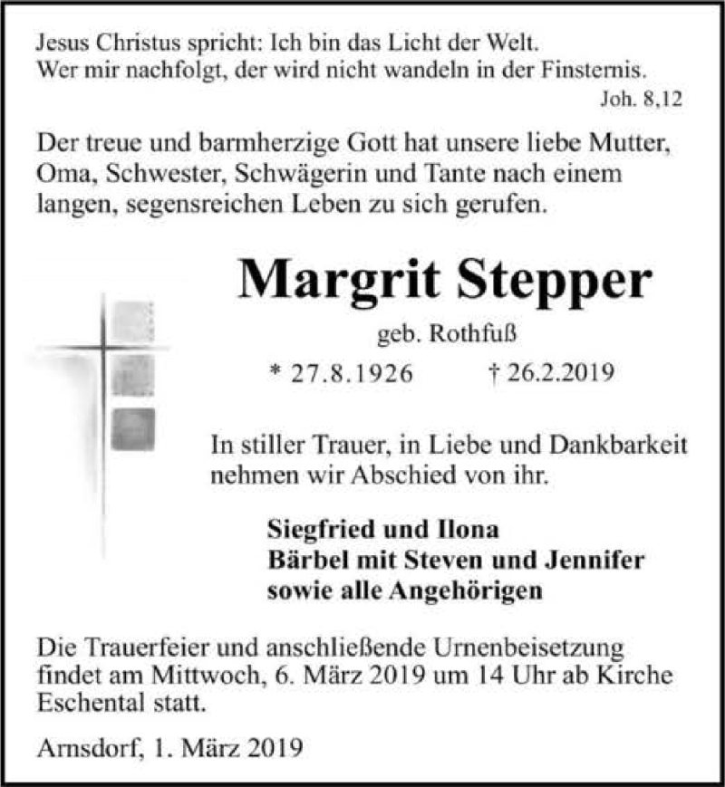  Traueranzeige für Margrit Stepper vom 01.03.2019 aus 