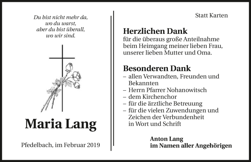  Traueranzeige für Maria Lang vom 22.02.2019 aus 