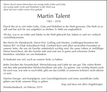 Traueranzeige von Martin Talent 