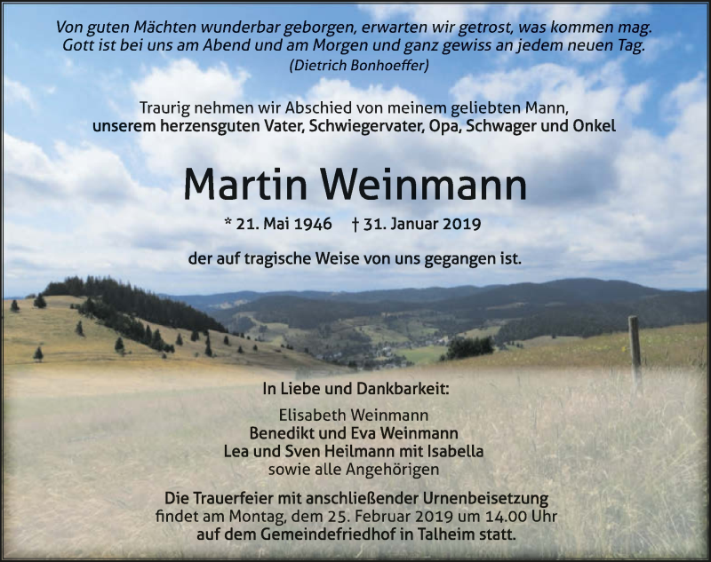  Traueranzeige für Martin Weinmann vom 20.02.2019 aus 