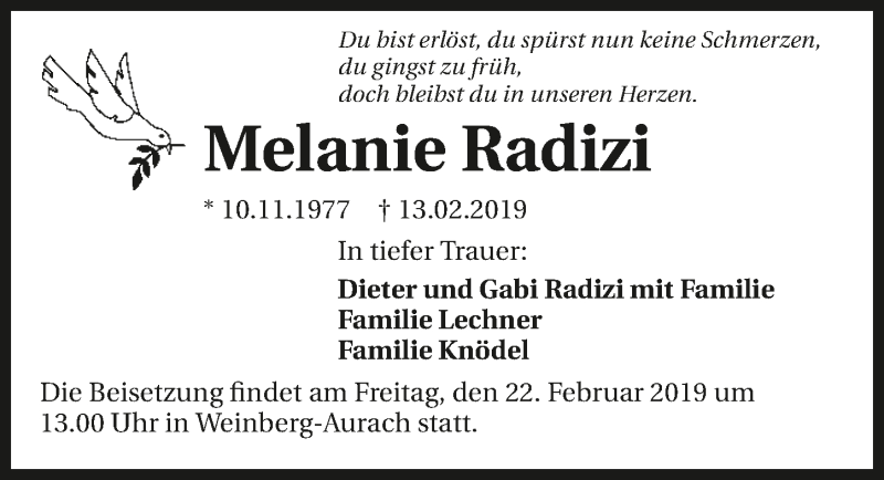  Traueranzeige für Melanie Radizi vom 22.02.2019 aus 