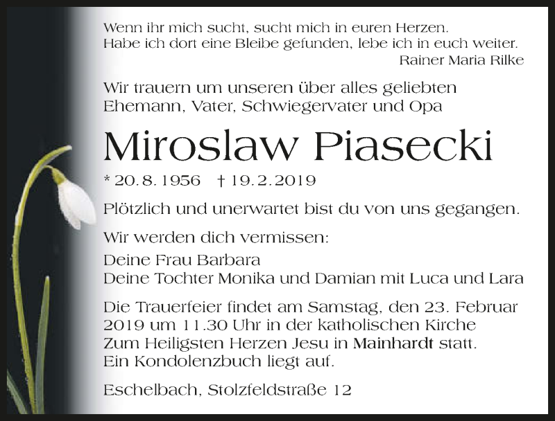 Traueranzeige für Miroslaw Piasecki vom 21.02.2019 aus 