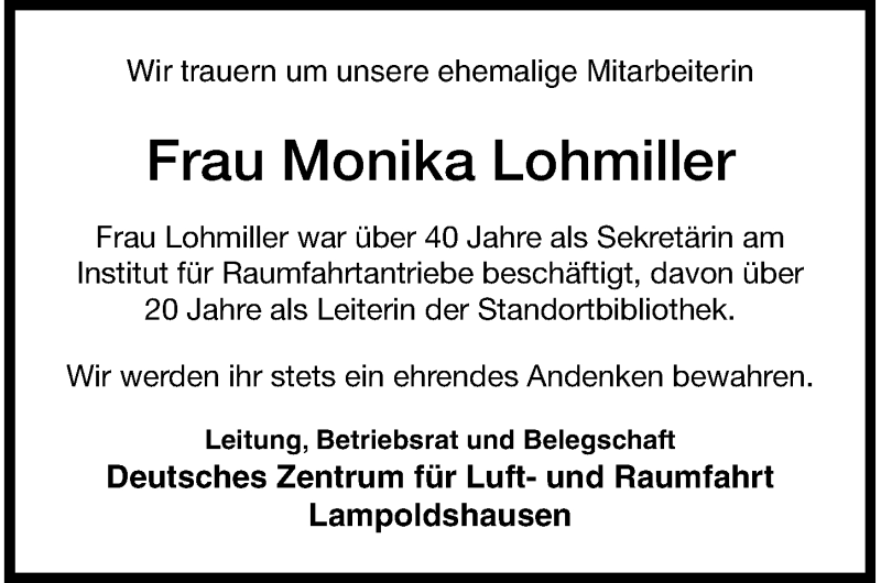  Traueranzeige für Monika Lohmiller vom 26.02.2019 aus 