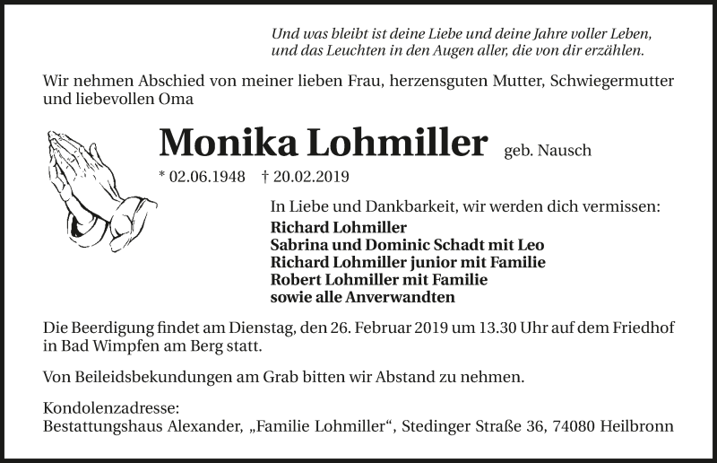  Traueranzeige für Monika Lohmiller vom 23.02.2019 aus 