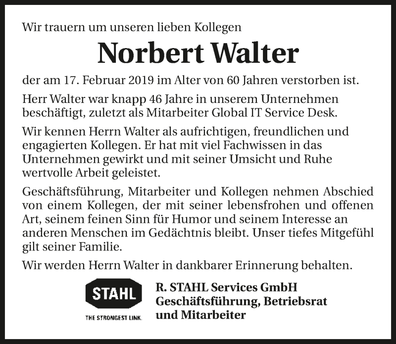  Traueranzeige für Norbert Walter vom 25.02.2019 aus 