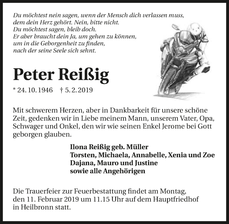  Traueranzeige für Peter Reißig vom 08.02.2019 aus 