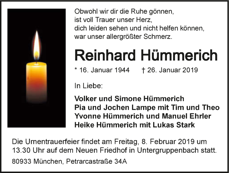  Traueranzeige für Reinhard Hümmerich vom 02.02.2019 aus 