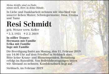 Traueranzeige von Resi Schmidt 