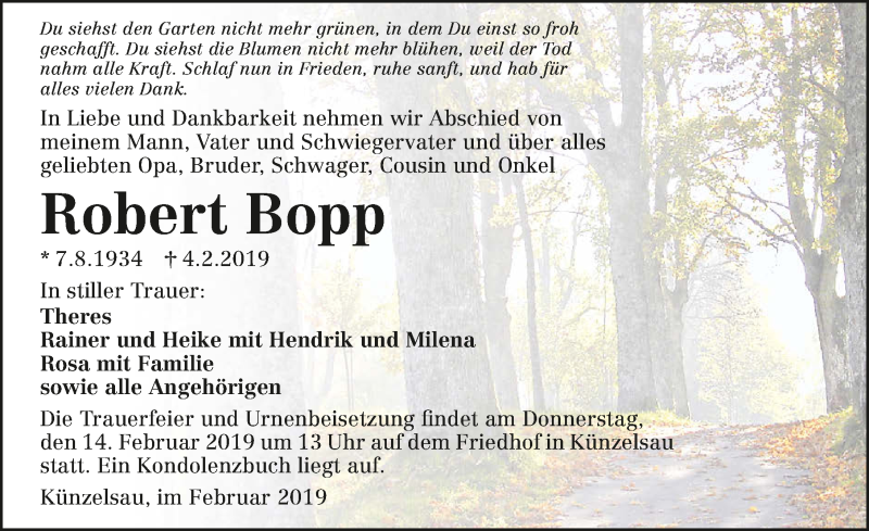  Traueranzeige für Robert Bopp vom 11.02.2019 aus 