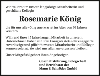 Traueranzeige von Rosemarie König 