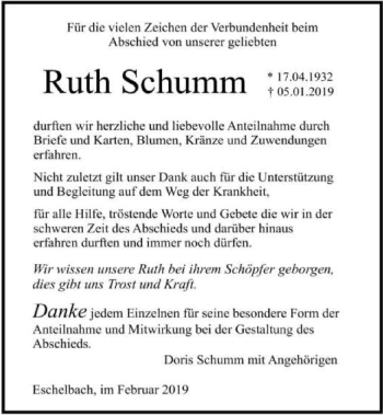 Traueranzeige von Ruth Schumm 