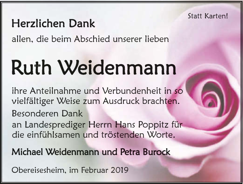  Traueranzeige für Ruth Weidenmann vom 08.02.2019 aus 