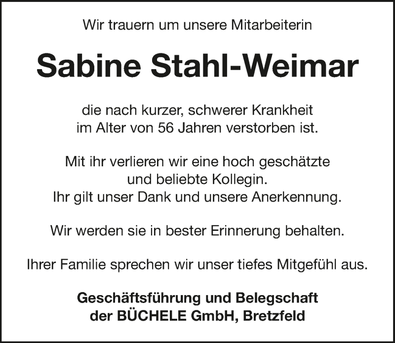  Traueranzeige für Sabine Stahl-Weimar vom 27.02.2019 aus 