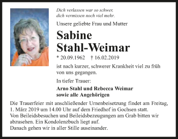 Traueranzeige von Sabine Stahl-Weimar 