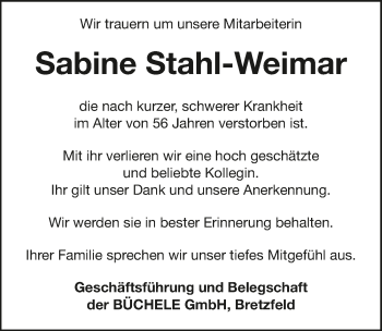 Traueranzeige von Sabine Stahl-Weimar 