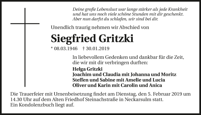  Traueranzeige für Siegfried Gritzki vom 02.02.2019 aus 