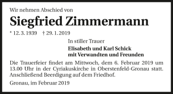 Traueranzeige von Siegfried Zimmermann 
