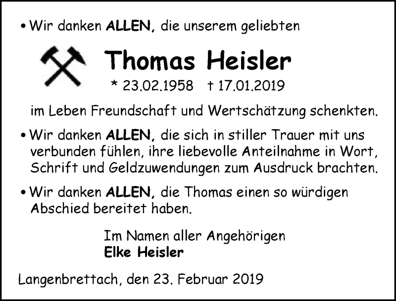  Traueranzeige für Thomas Heisler vom 23.02.2019 aus 