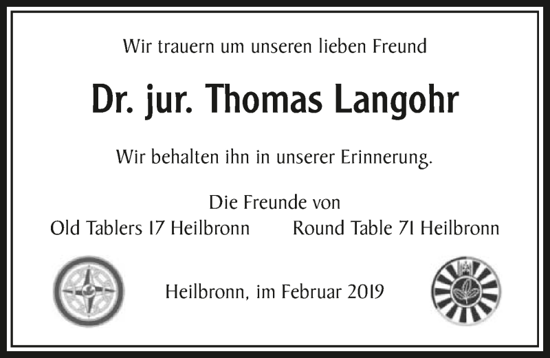  Traueranzeige für Thomas Langohr vom 16.02.2019 aus 